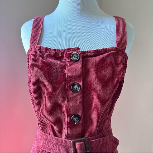 Summer Vintage Burgundy Corduroy Jumper Mini Dress Sleeveless Button Down Medium - Picture 2 of 11